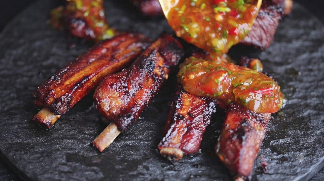 Costine di maiale alla griglia thailandesi glassate su un piatto di ardesia scura mentre vengono cosparse con una vibrante salsa rosso-verde di peperoncino ed erbe