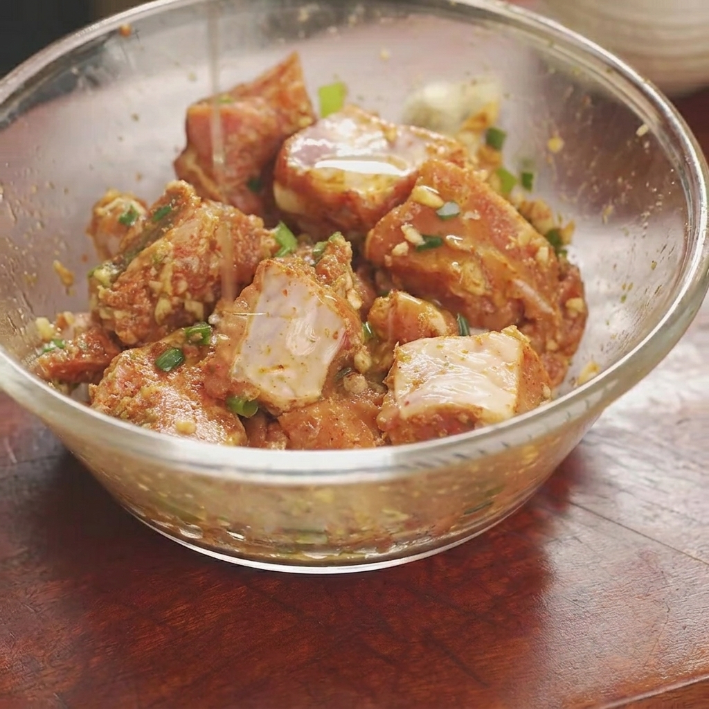 Olio da cucina fatto gocciolare sulle costine di maiale marinate allinterno di una ciotola di vetro.