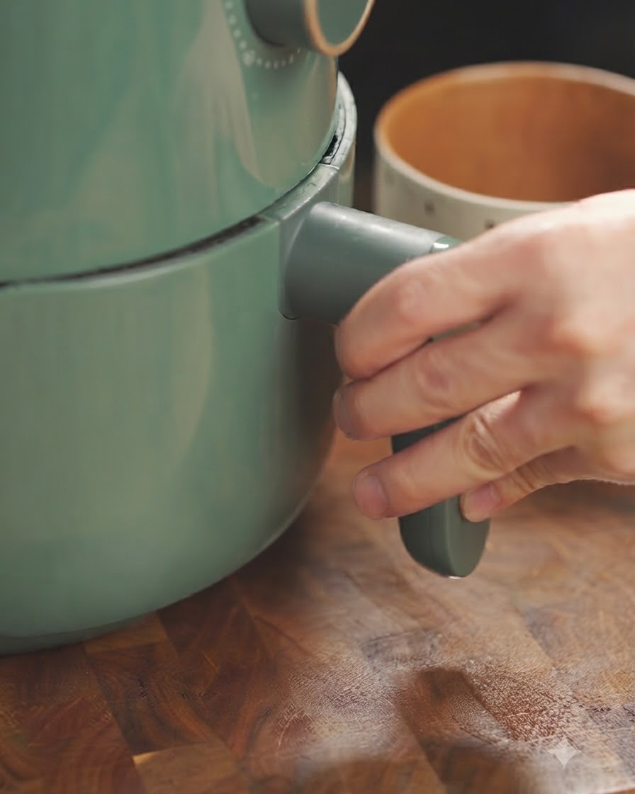 Una mano che gira la manopola su una friggitrice ad aria verde per configurare i parametri di cottura.