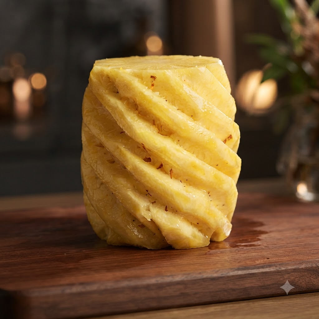 Un ananas pelato in posizione verticale su un tagliere di legno, pronto per essere affettato.