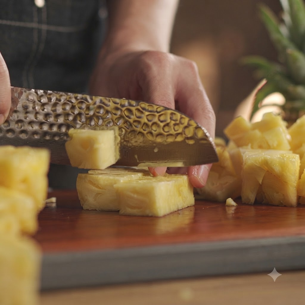 Pezzi di ananas tagliati a cubetti su un tagliere di legno con un coltello da chef.
