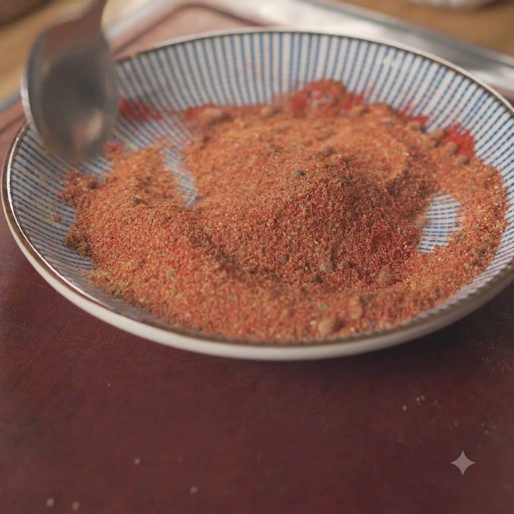 Una ciotola riempita con una miscela di spezie rosse e marroni mescolata con un cucchiaio.