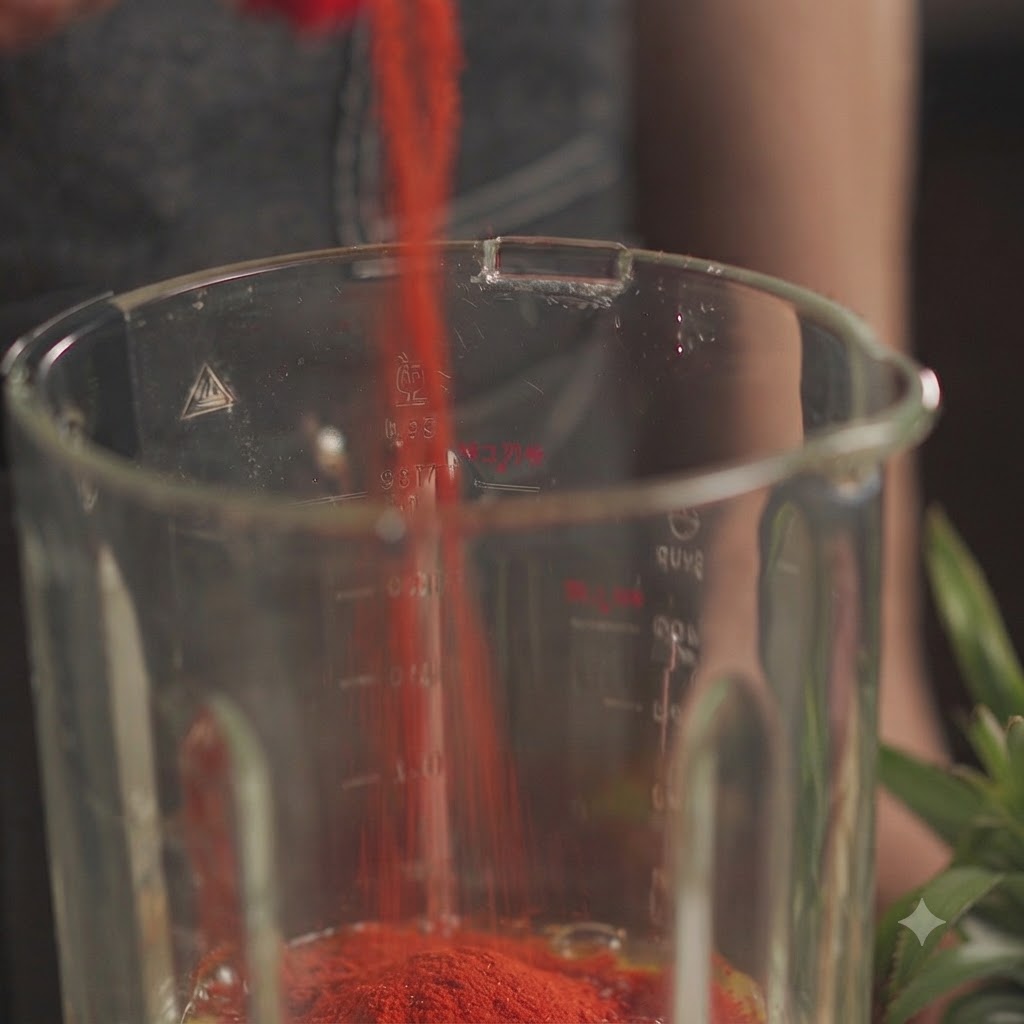 Peperoncino in polvere e acqua versati nel contenitore del frullatore.