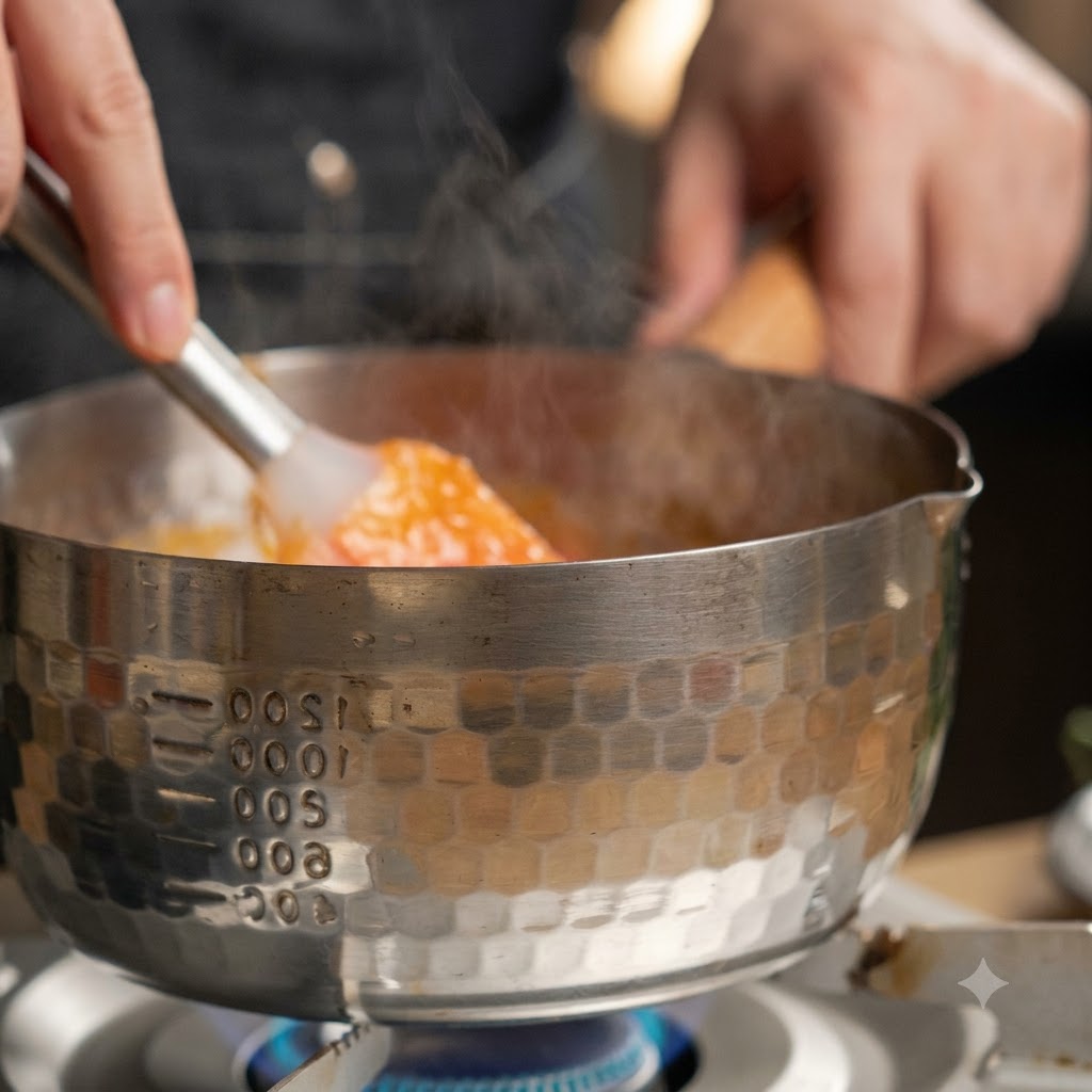 Salsa di ananas mescolata in una pentola sul fuoco mentre si addensa.