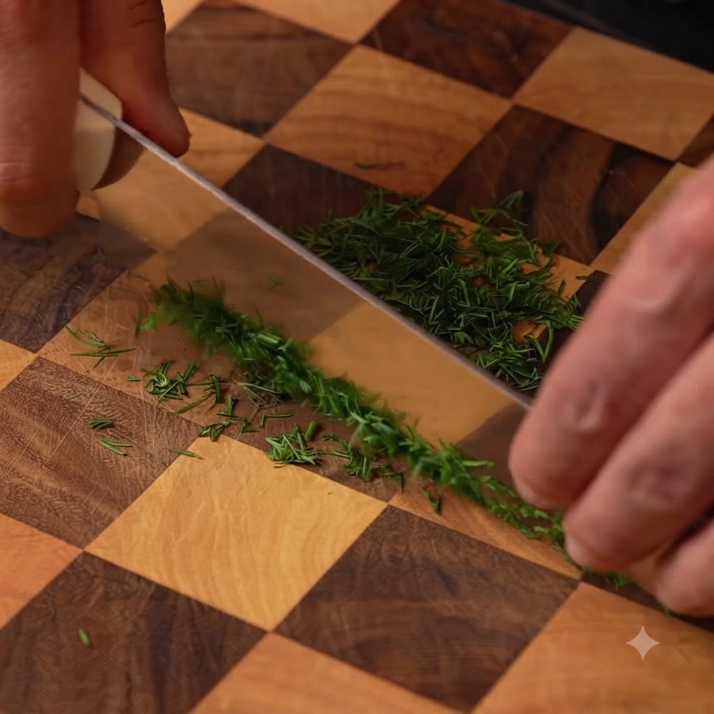 Aneto fresco tritato finemente con un coltello su un tagliere di legno.