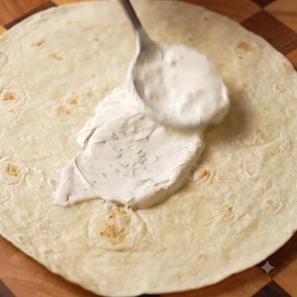 Un sottile e uniforme strato di crema acida allaneto spalmato su un wrap di grano piatto.
