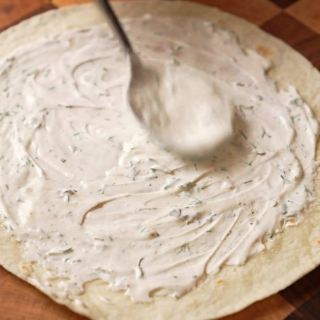 Salsa di panna acida allaneto spalmata uniformemente su un wrap di grano con un cucchiaio.