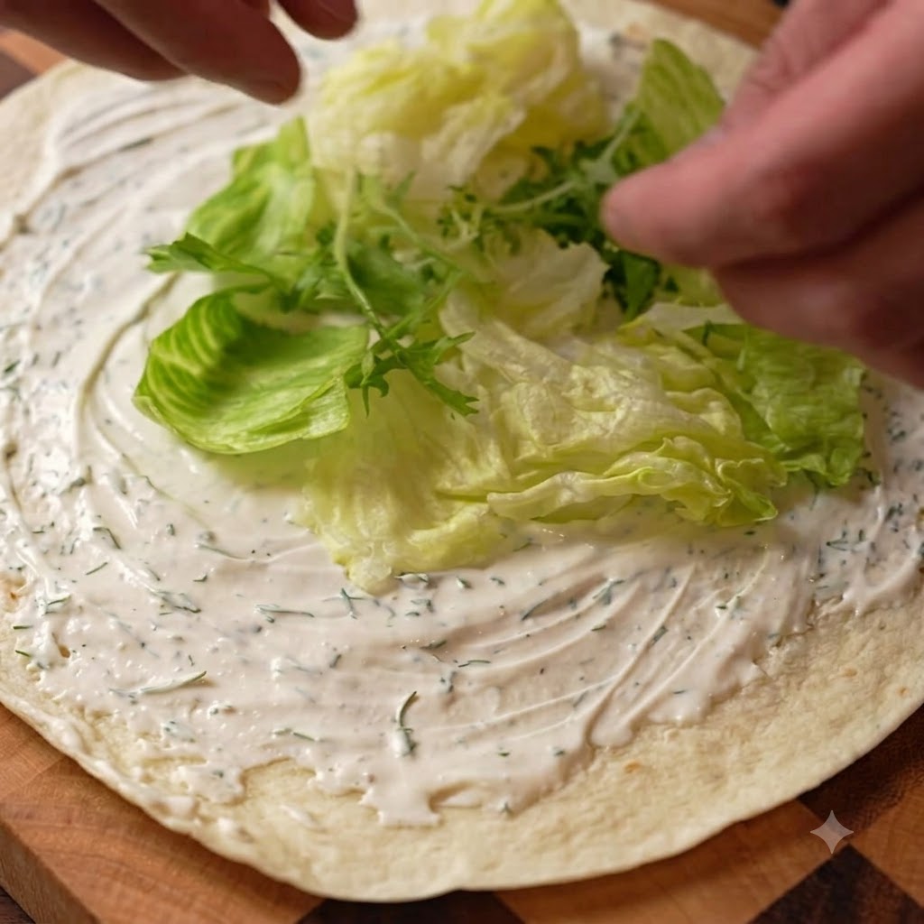 Foglie di insalata mista fresche posizionate sopra la crema in un wrap di grano.