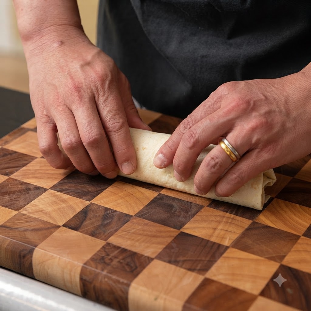 Un wrap di grano arrotolato saldamente su un tagliere di legno per racchiudere il ripieno.