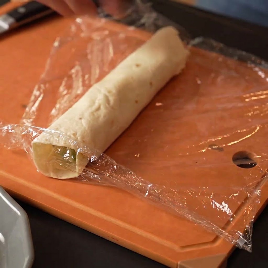 Un wrap di grano arrotolato avvolto saldamente in pellicola trasparente su un tagliere arancione.