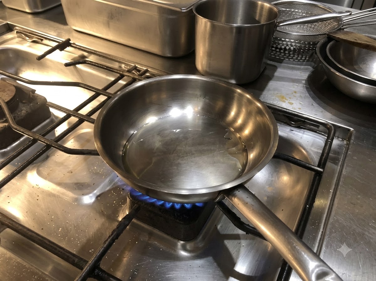 Fette di cipolla aggiunte in una padella in acciaio inossidabile riscaldata su un piano cottura a gas.