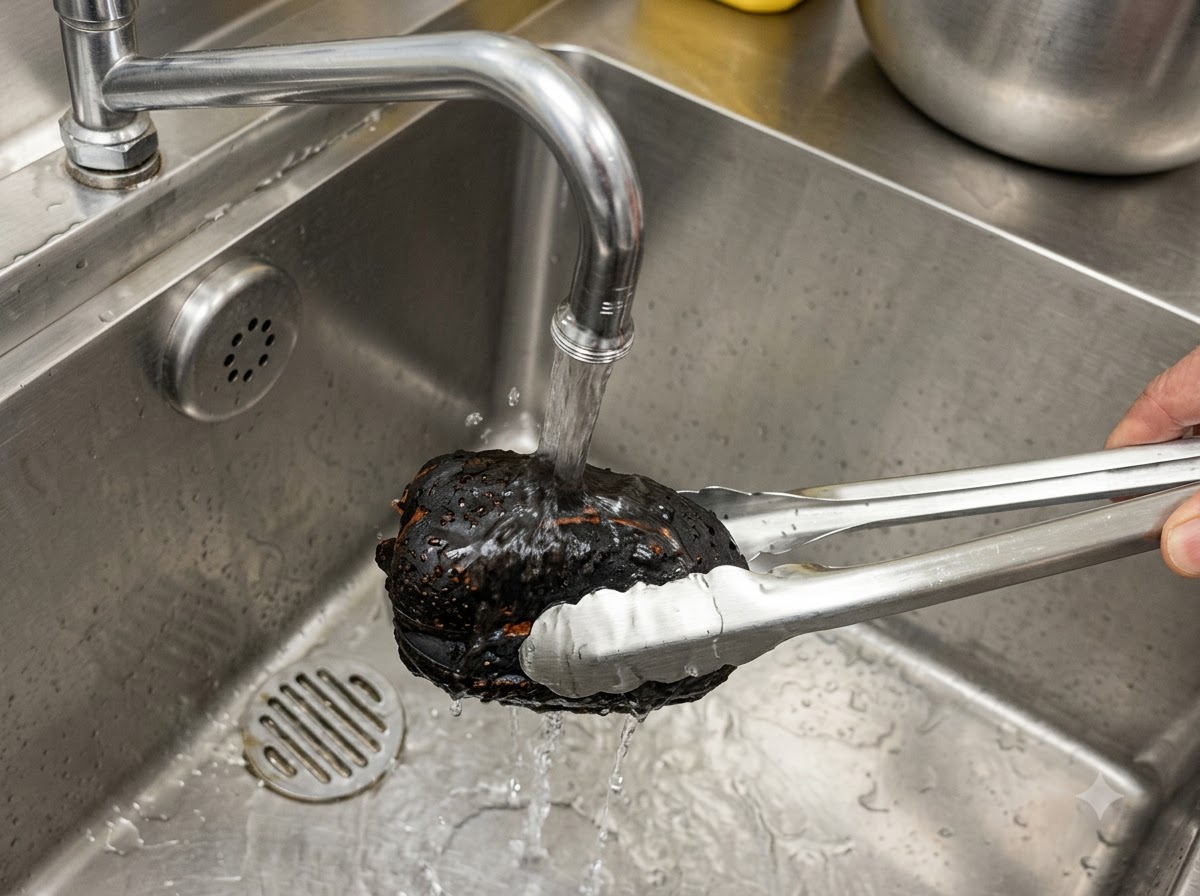 Un peperone nero e carbonizzato tenuto con le pinze sotto il rubinetto del lavello della cucina con acqua corrente.