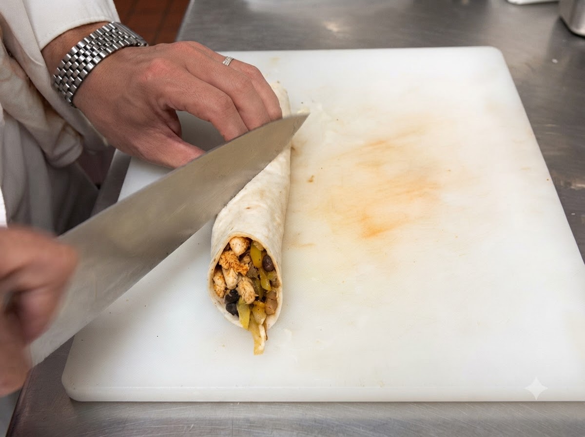 Maionese applicata su una tortilla piatta stesa su un tagliere bianco.