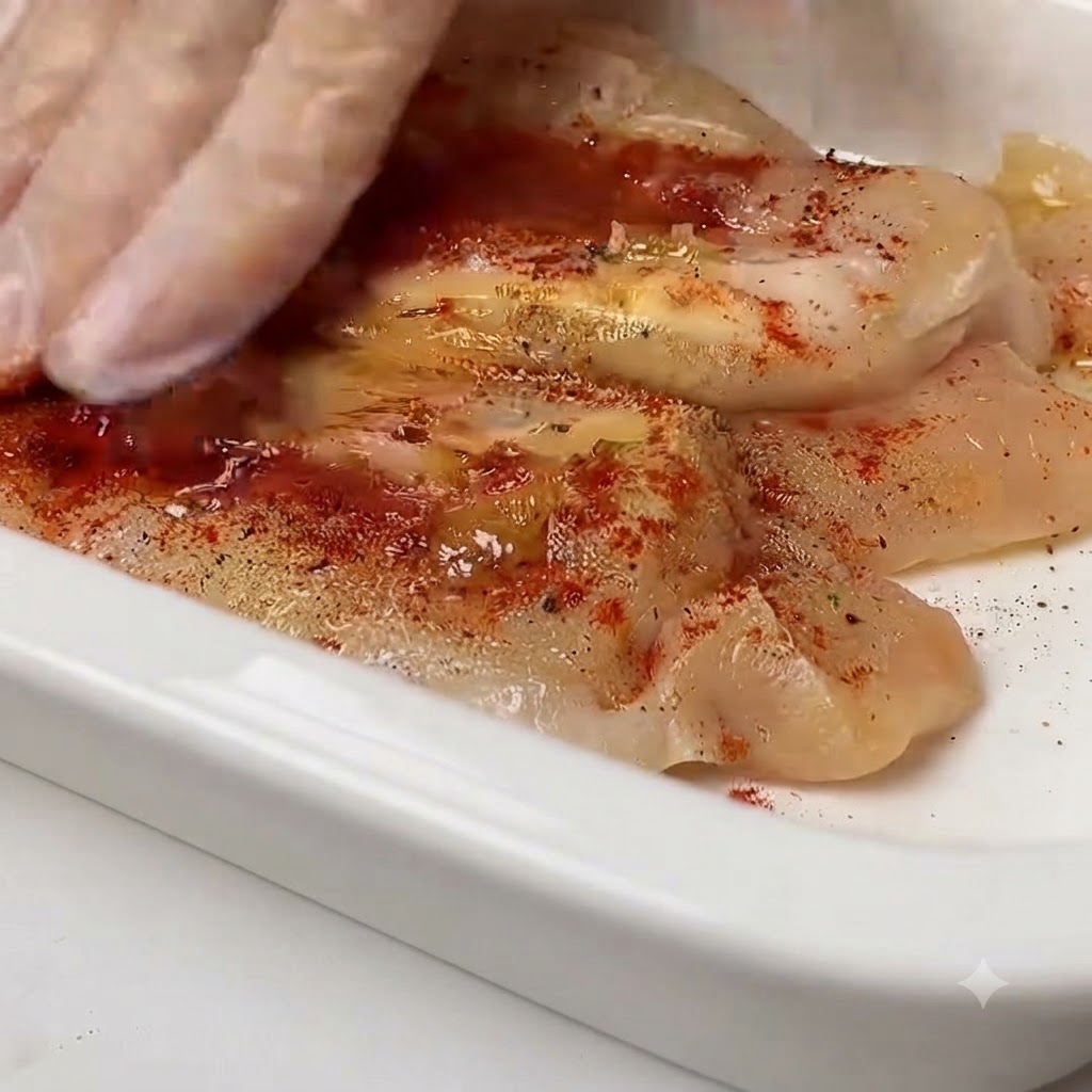 Olio doliva versato sui petti di pollo conditi in un piatto bianco.