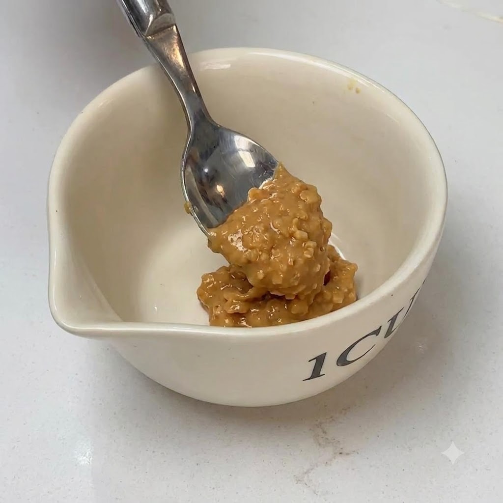 Burro darachidi croccante mescolato con miele, olio al peperoncino e acqua in una ciotola piccola.