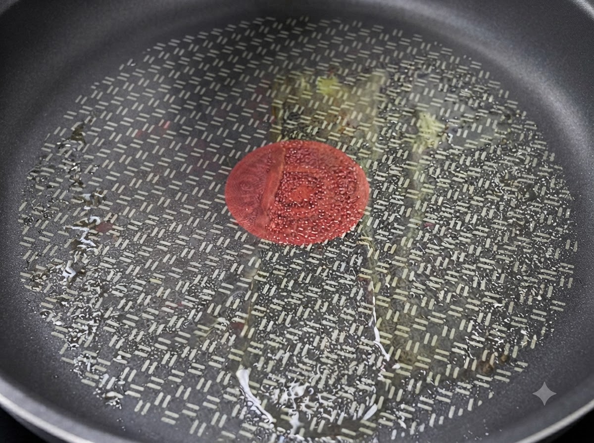 Una padella calda con olio pronta per scottare le fette di petto di pollo.