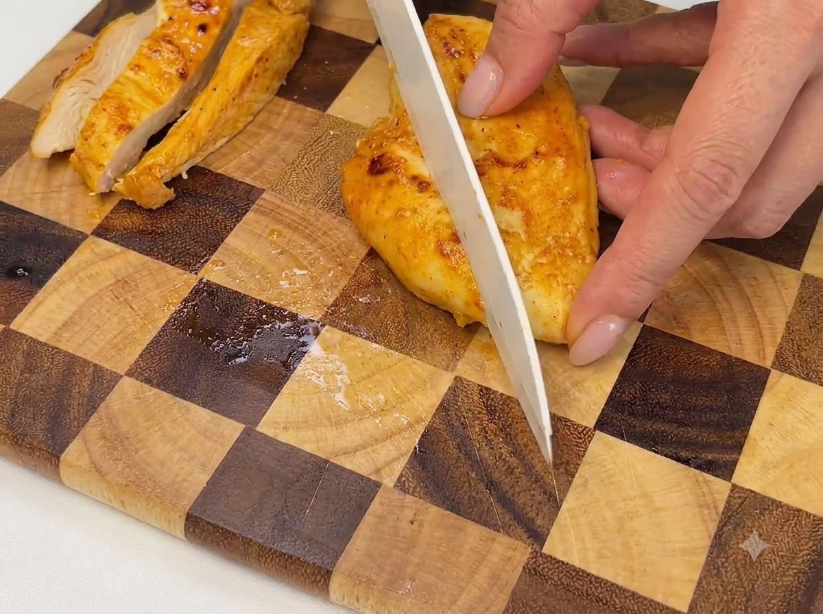 Un petto di pollo cotto tagliato a pezzi su un tagliere di legno a scacchi.