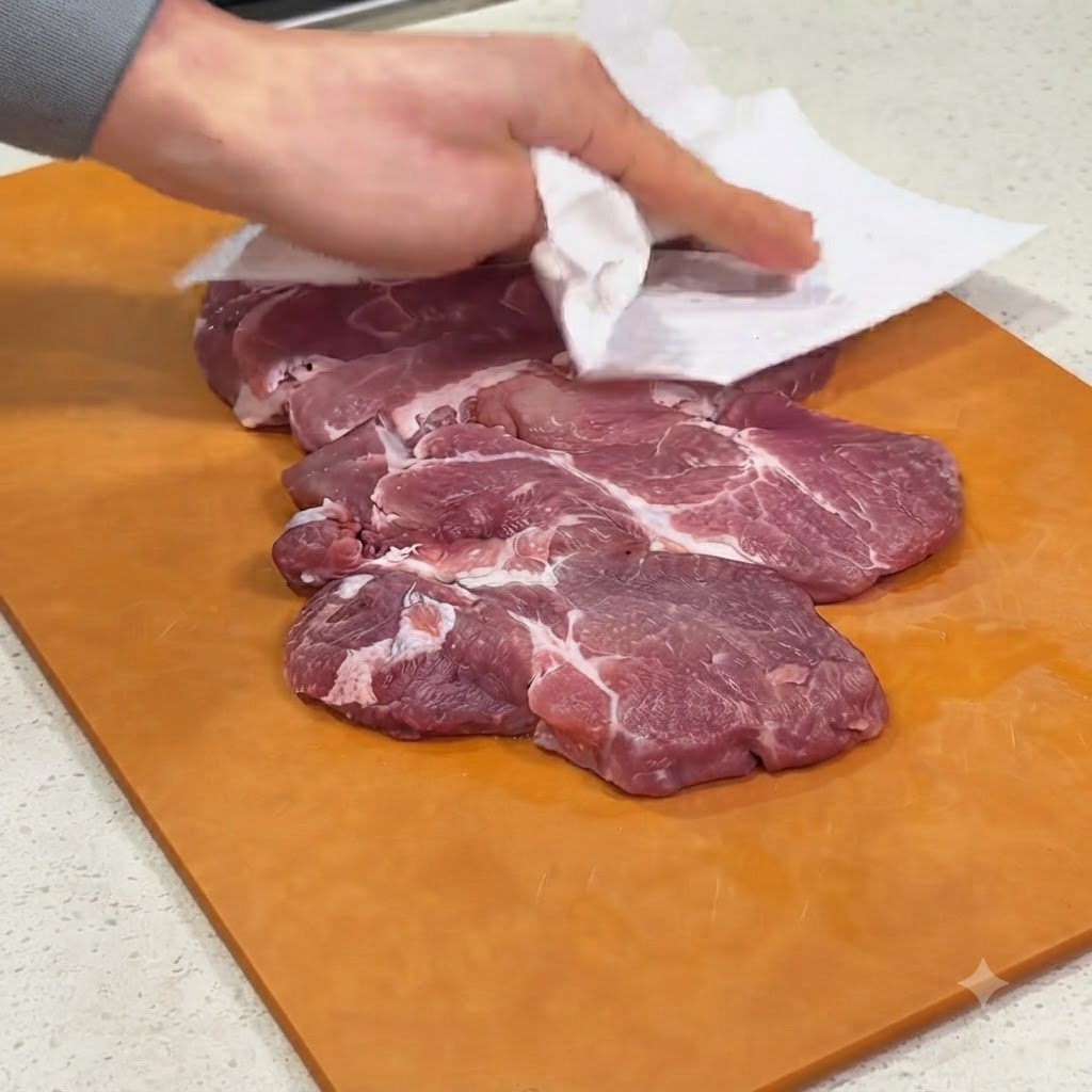 Carne di spalla di maiale tamponata con carta assorbente su un tagliere di legno.