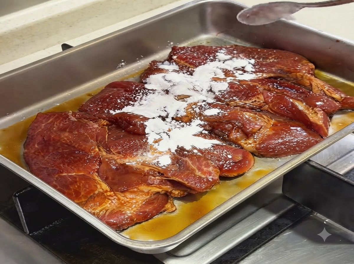 Fecola bianca cosparsa sulle costolette di maiale marinate adagiate in una teglia di metallo.