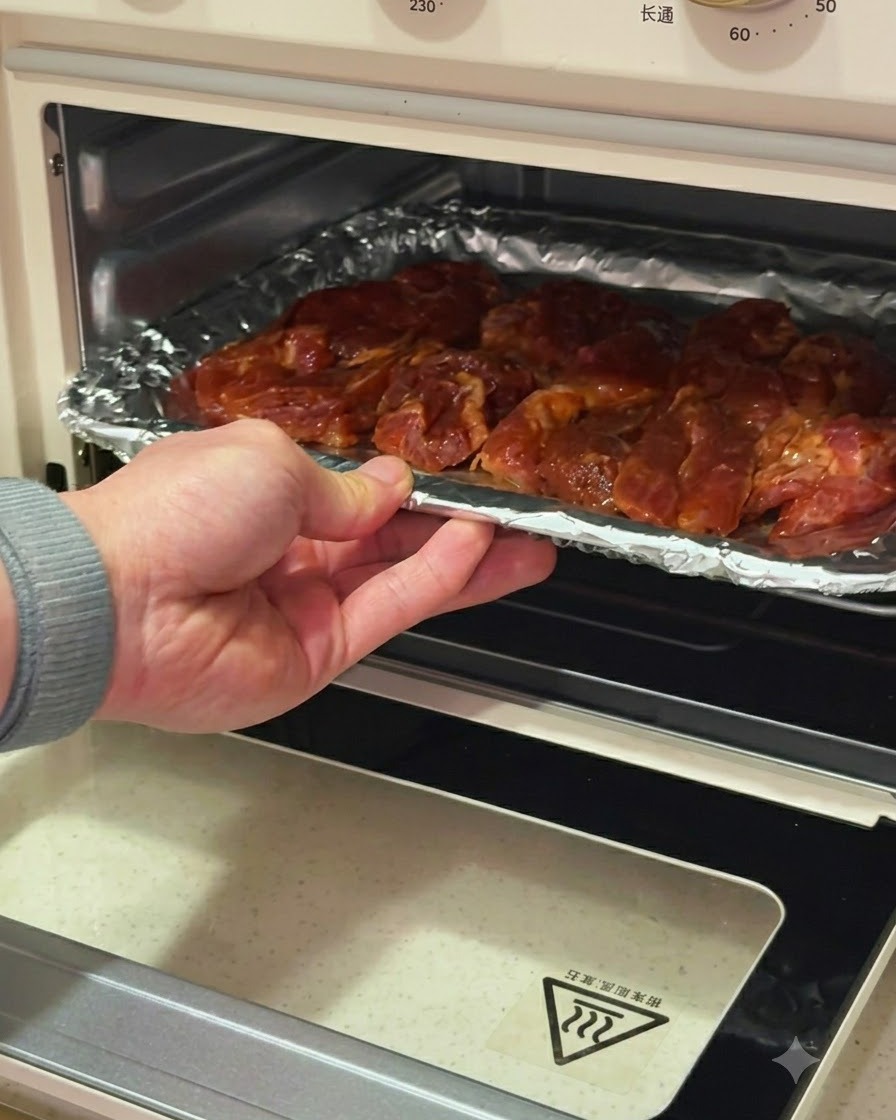 Una mano che fa scorrere una teglia con costolette in un forno a friggitrice ad aria.