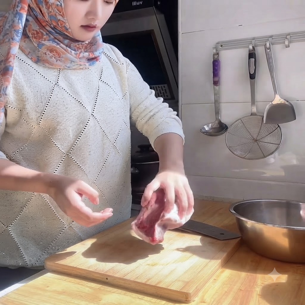 Le mani di una persona che usano una mannaia per affettare il filetto di manzo crudo su un tagliere di legno.
