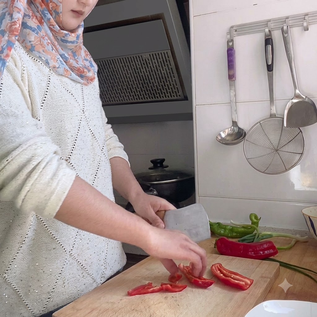Peperoncini rossi e verdi tagliati a piccoli pezzi su un tagliere di legno.