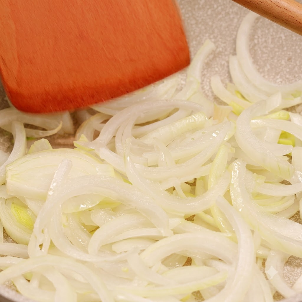 Cipolle a listarelle che cuociono in una padella e vengono mosse con una spatola di legno.