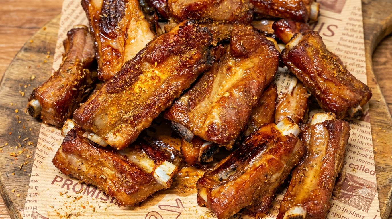 Costine di maiale arrosto dorate e generosamente condite con polvere di cumino aromatico e spezie.