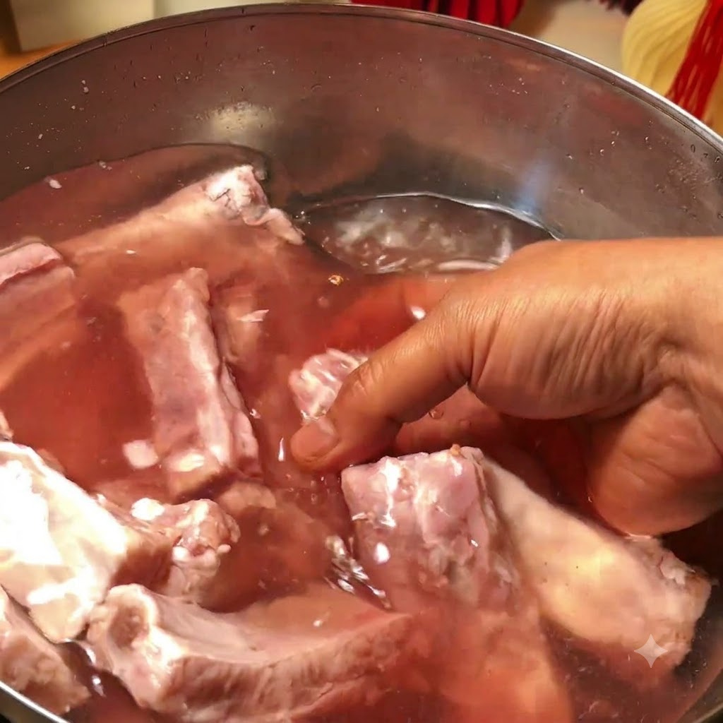 Costine di maiale in ammollo in un vassoio di metallo con acqua pulita.