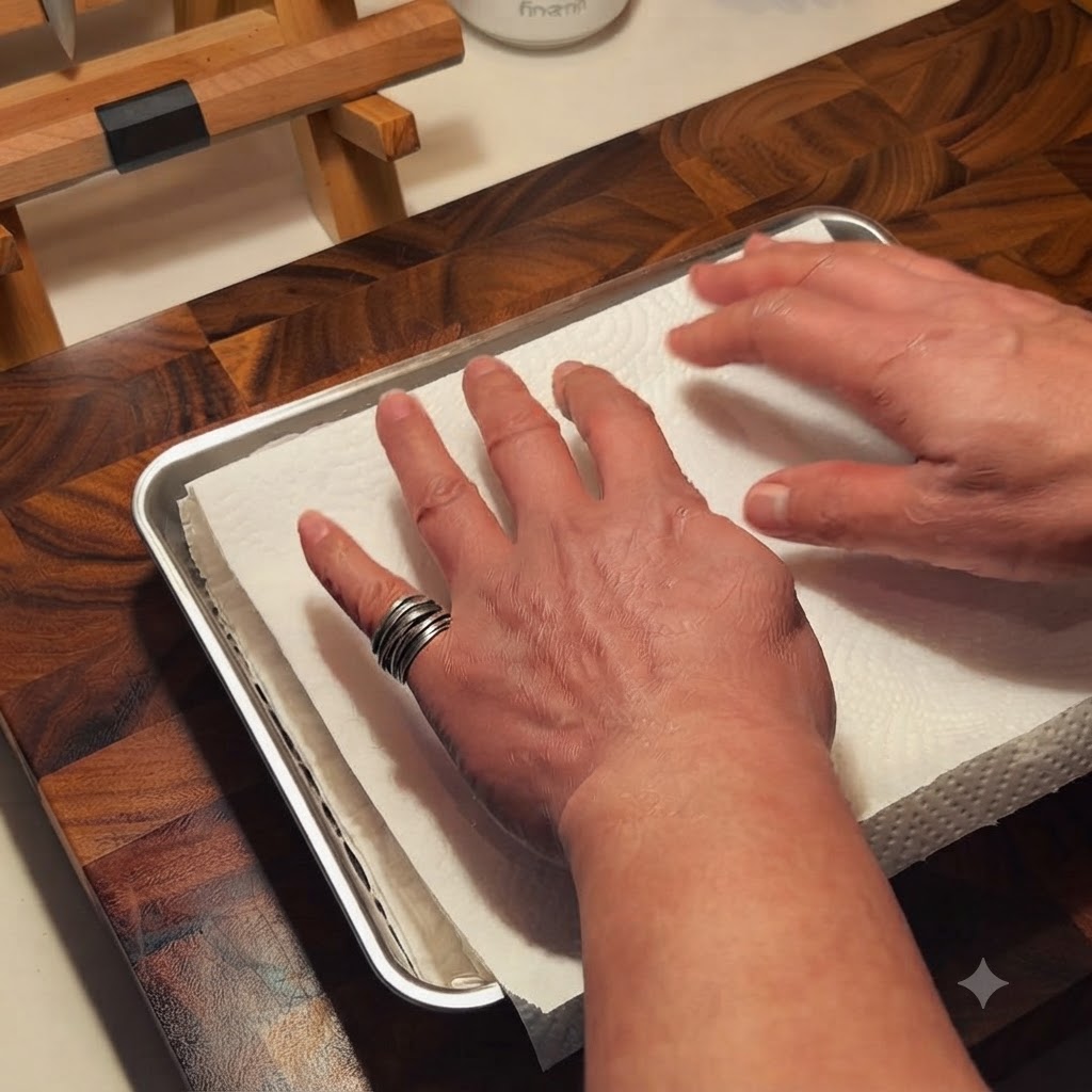 Costine di maiale tamponate con carta da cucina su un vassoio.