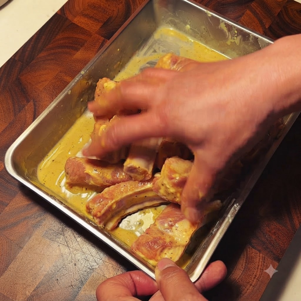 Mani che mescolano accuratamente i condimenti e gli ingredienti con le costine di maiale.