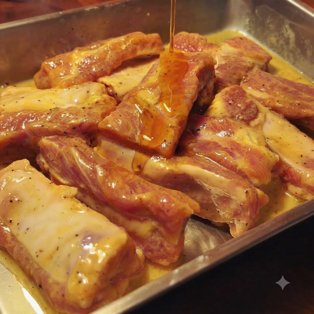 Versamento dellolio di sesamo sulle costine di maiale marinate.