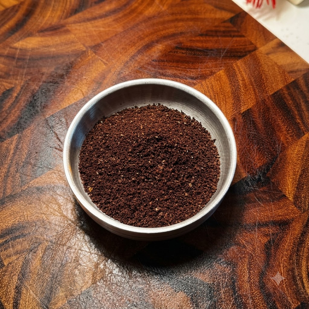 Chicchi di caffè macinati freschi versati da un macinino manuale in una ciotola di metallo.