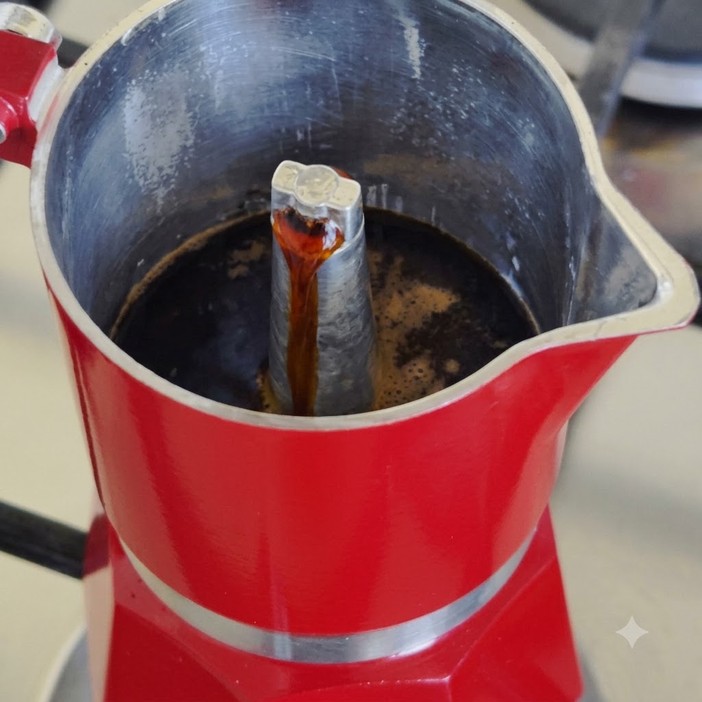 Caffè scuro fresco che fuoriesce dalla colonna centrale di una moka rossa.