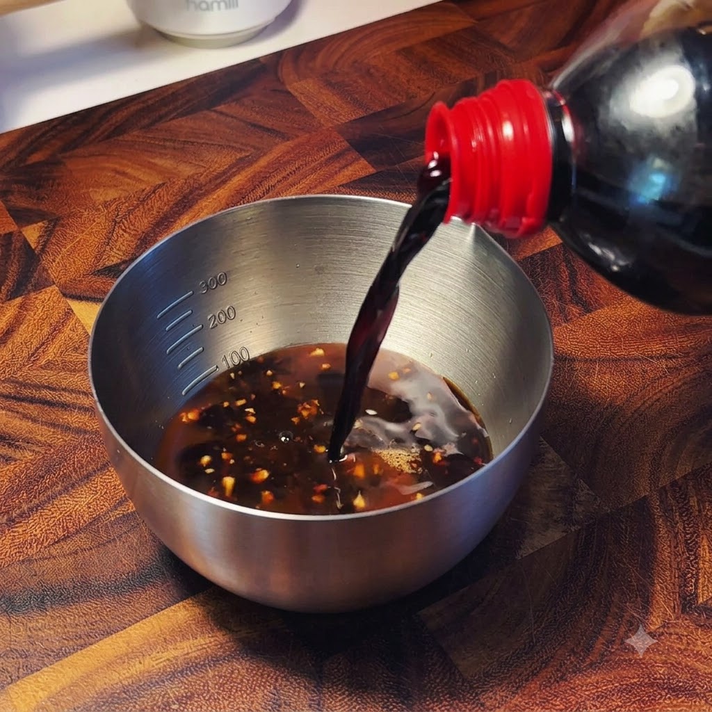 Salsa di soia scura versata da una bottiglia in una ciotola di acciaio inossidabile piena di liquido misto e condimenti.