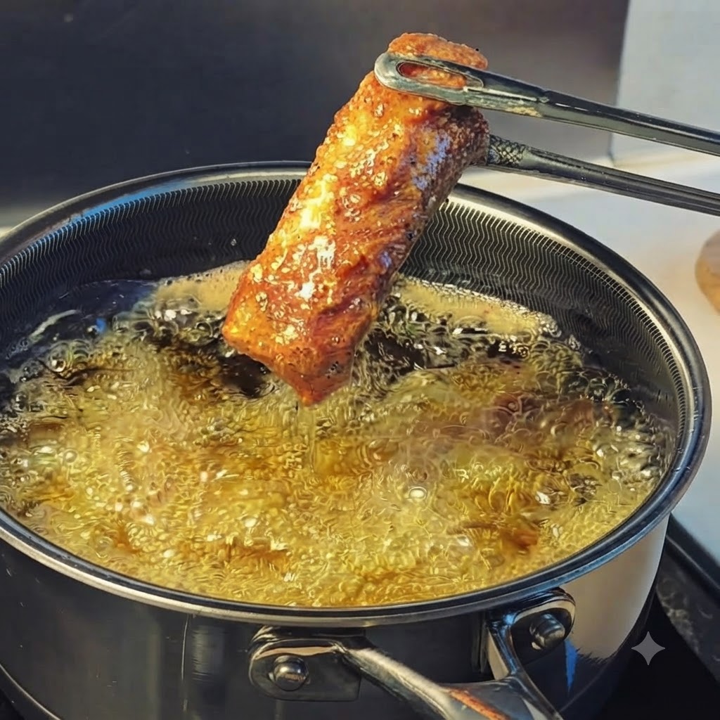 Un singolo pezzo di costina di maiale fritta dorata tenuto sopra lolio bollente con pinze di metallo.