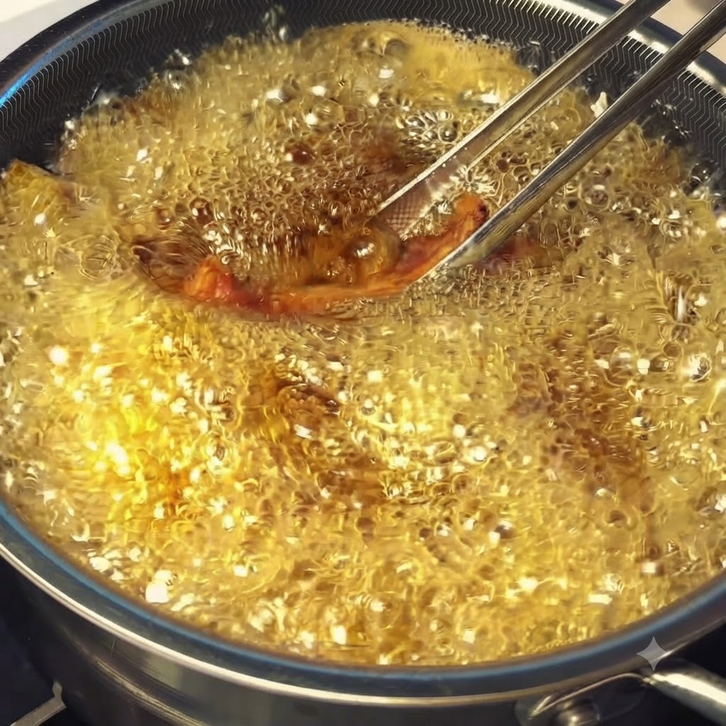 Costine di maiale immerse nellolio caldo bollente durante la fase di nuova frittura ad alta temperatura.