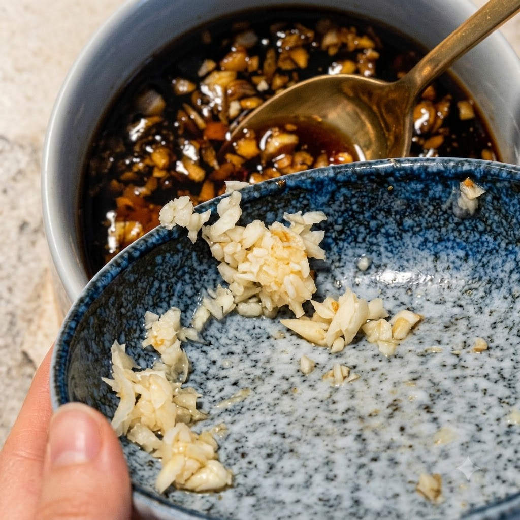 Un cucchiaio dorato che mescola una salsa scura a base di caffè e aglio in una piccola ciotola di ceramica.