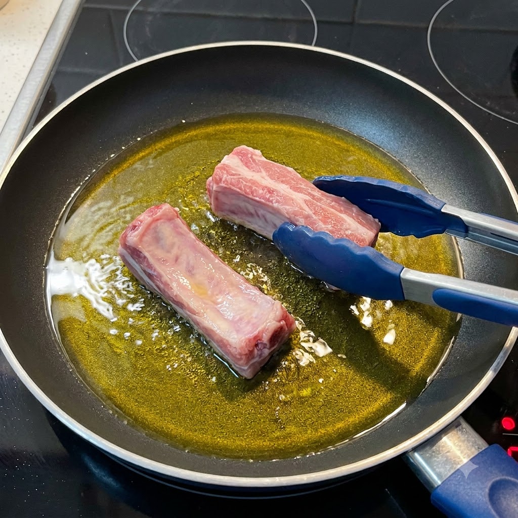 Pinze in silicone blu che posizionano pezzi di costine di maiale marinate in una padella calda piena di olio doliva.