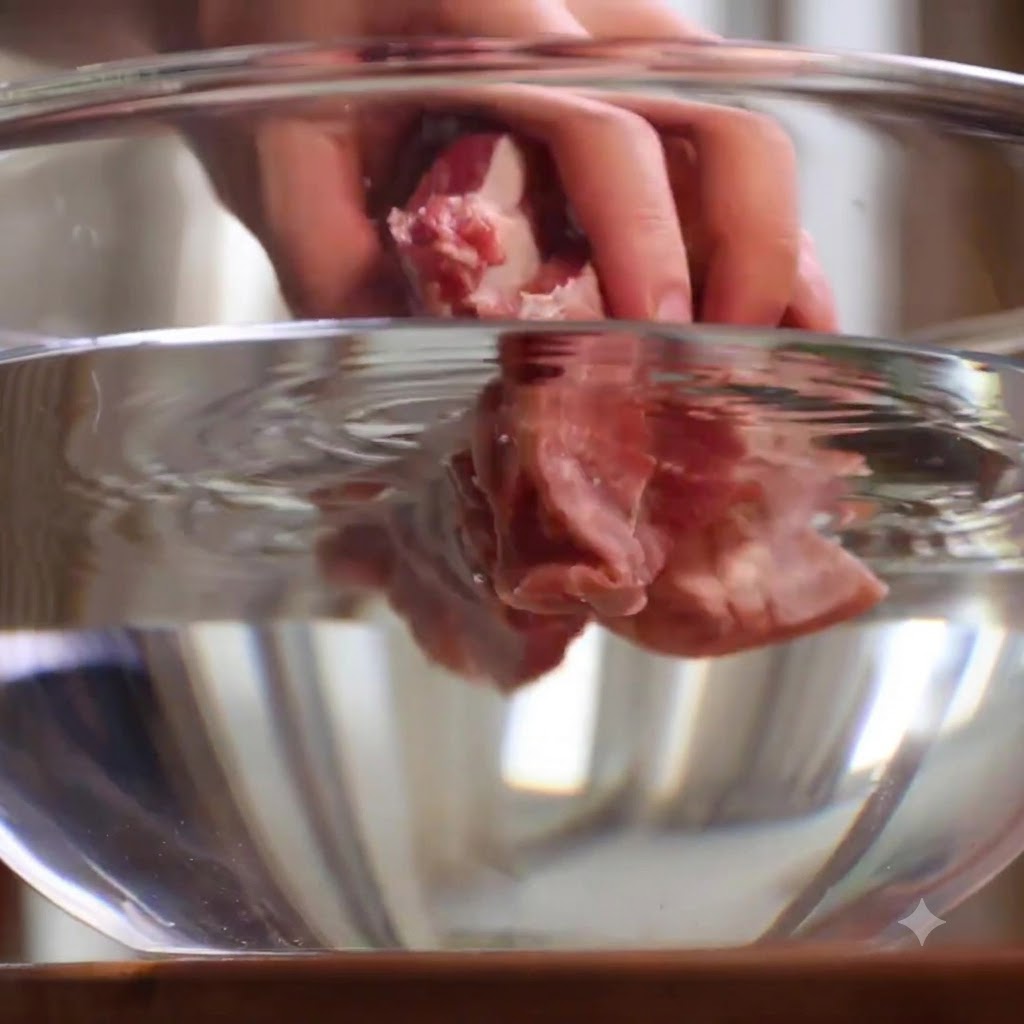 Costine di maiale fresche sommerse in una ciotola di vetro trasparente piena di acqua pulita.