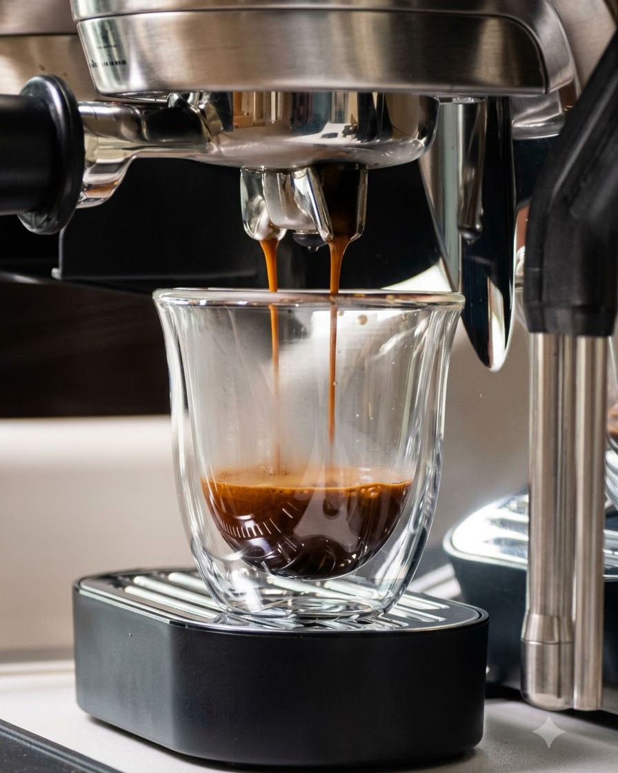 Ricchi flussi di caffè espresso che sgorgano dal portafiltro di una macchina da caffè in una tazza di vetro a doppia parete.