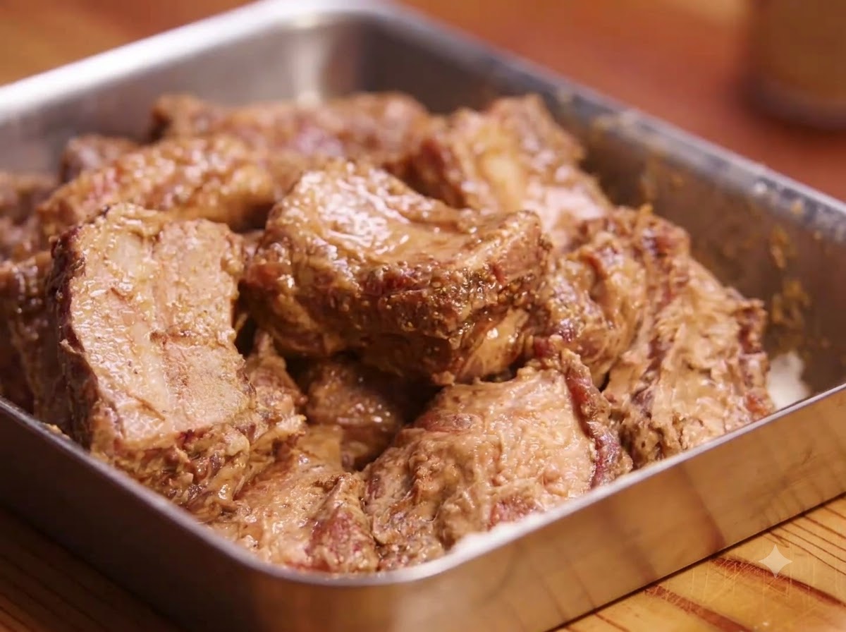 Costine di maiale marinate ricoperte da uno strato di amido di mais e miscela di farina allinterno di un vassoio.