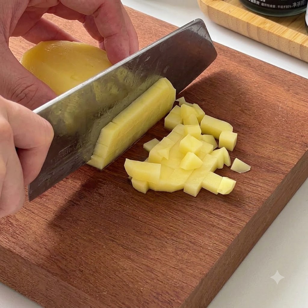 Una patata a pasta gialla pelata tagliata in piccoli cubetti con una mannaia su un tagliere di legno.