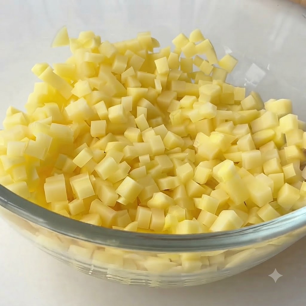 Patate a cubetti in ammollo lavate da una mano guantata in una ciotola dacqua pulita.