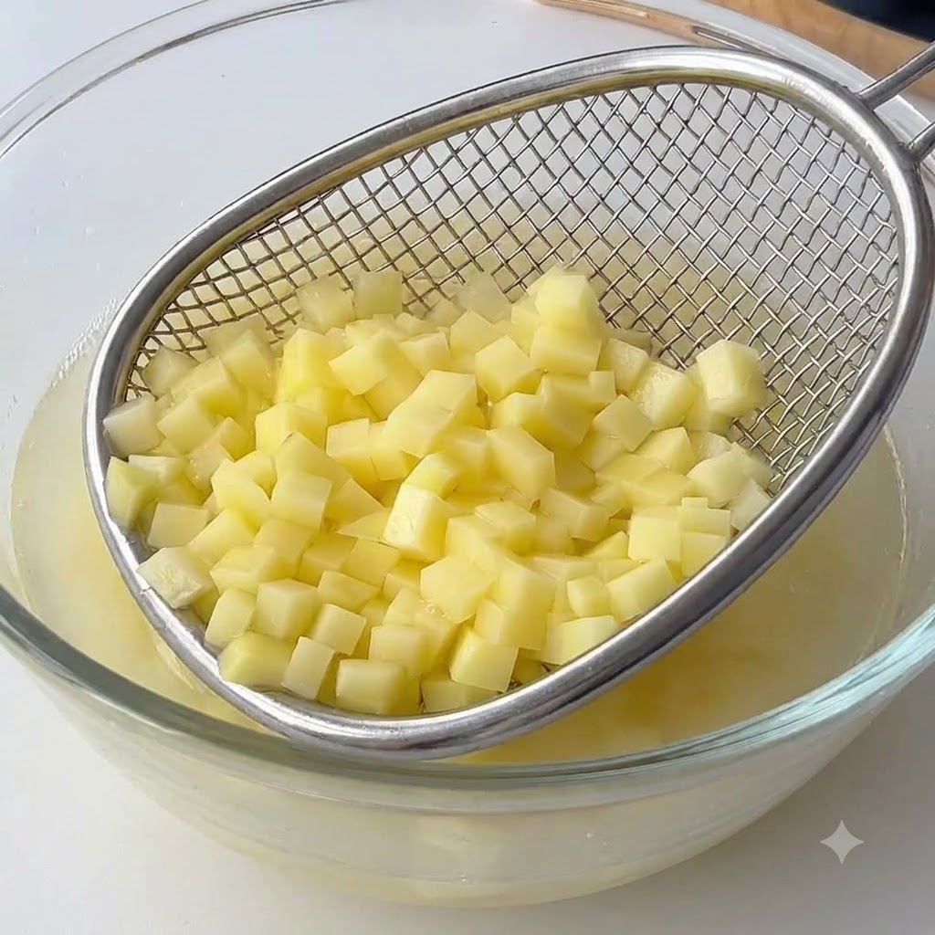 Patate a cubetti versate in una padella bianca dove il burro sta sciogliendosi.
