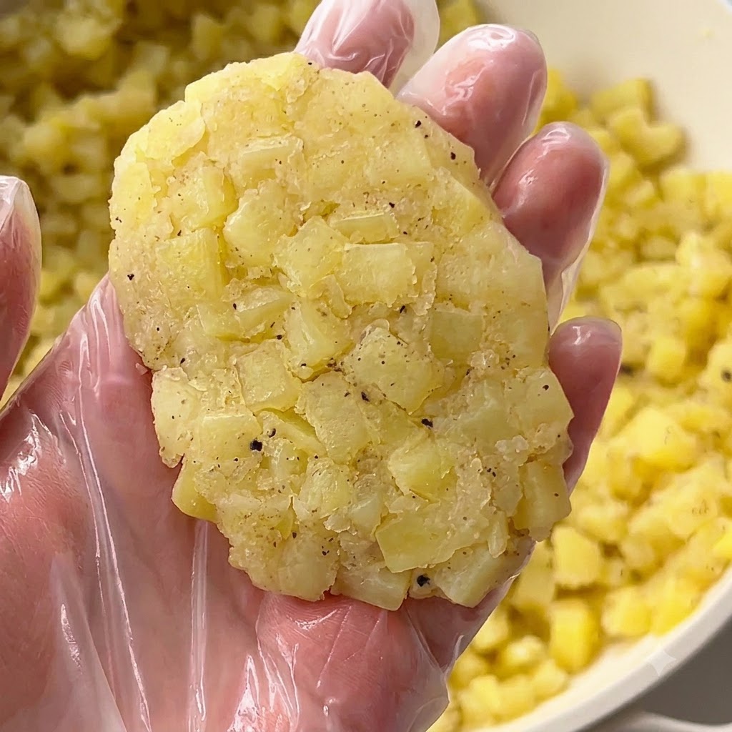 Mani guantate che modellano il composto di patate in una polpetta ovale.
