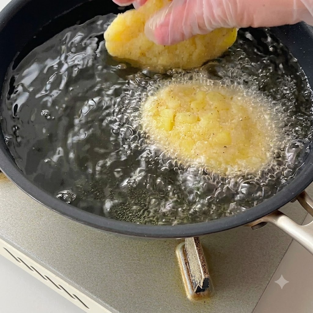 Polpette di patate sagomate immerse nellolio bollente in una padella.