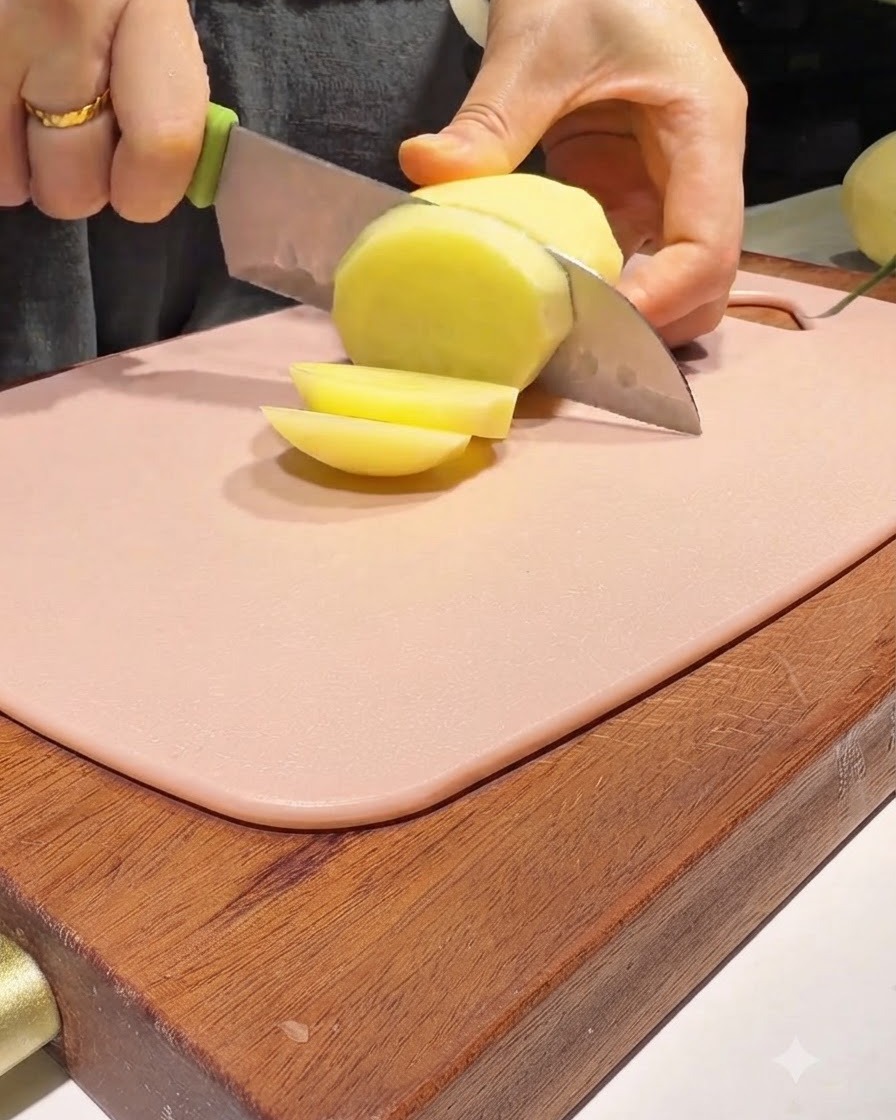 Un coltello da cucina che affetta una patata sbucciata in fette circolari spesse su un tagliere rosa.