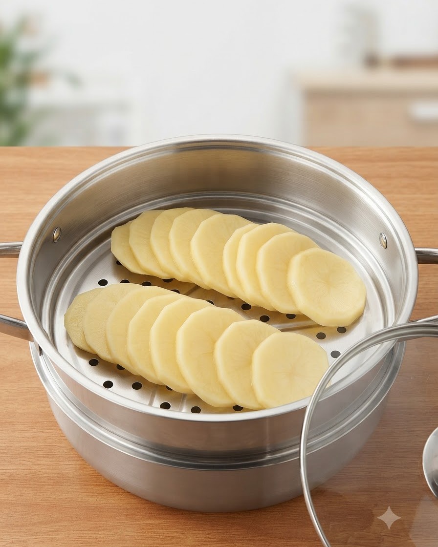 Fette di patate spesse disposte ordinatamente allinterno di un cestello per cottura a vapore in acciaio inossidabile.