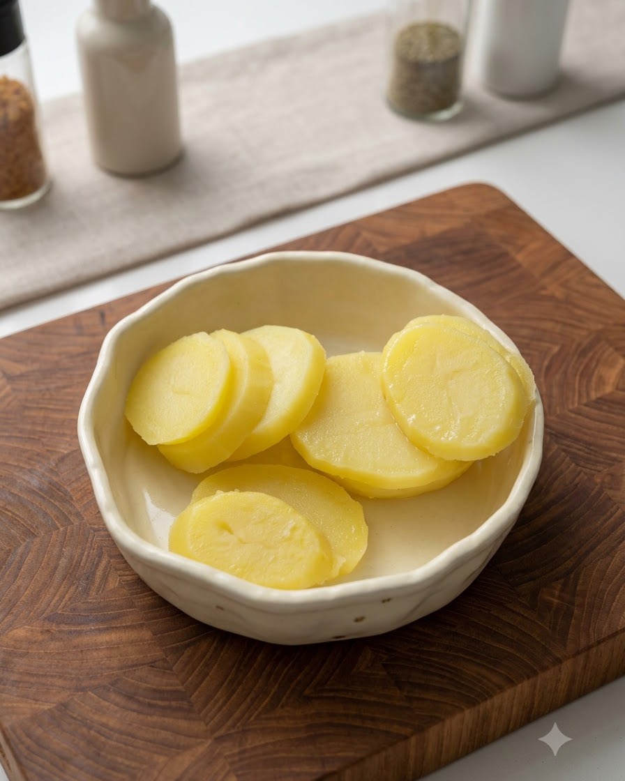 Fette di patate cotte a vapore allinterno di una ciotola di ceramica schiacciate con uno schiacciapatate in plastica verde.